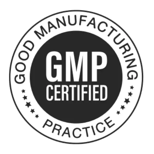 Black-and-white "GMP Certified" badge indicating that the product is manufactured in a facility that follows Good Manufacturing Practices (GMP) to help ensure consistent quality and manufacturing standards.