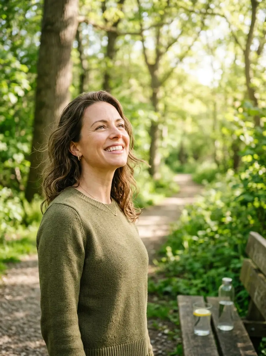 Confident adult with a healthy natural white smile representing fresh breath, hydration, oral wellness, and healthy daily habits.