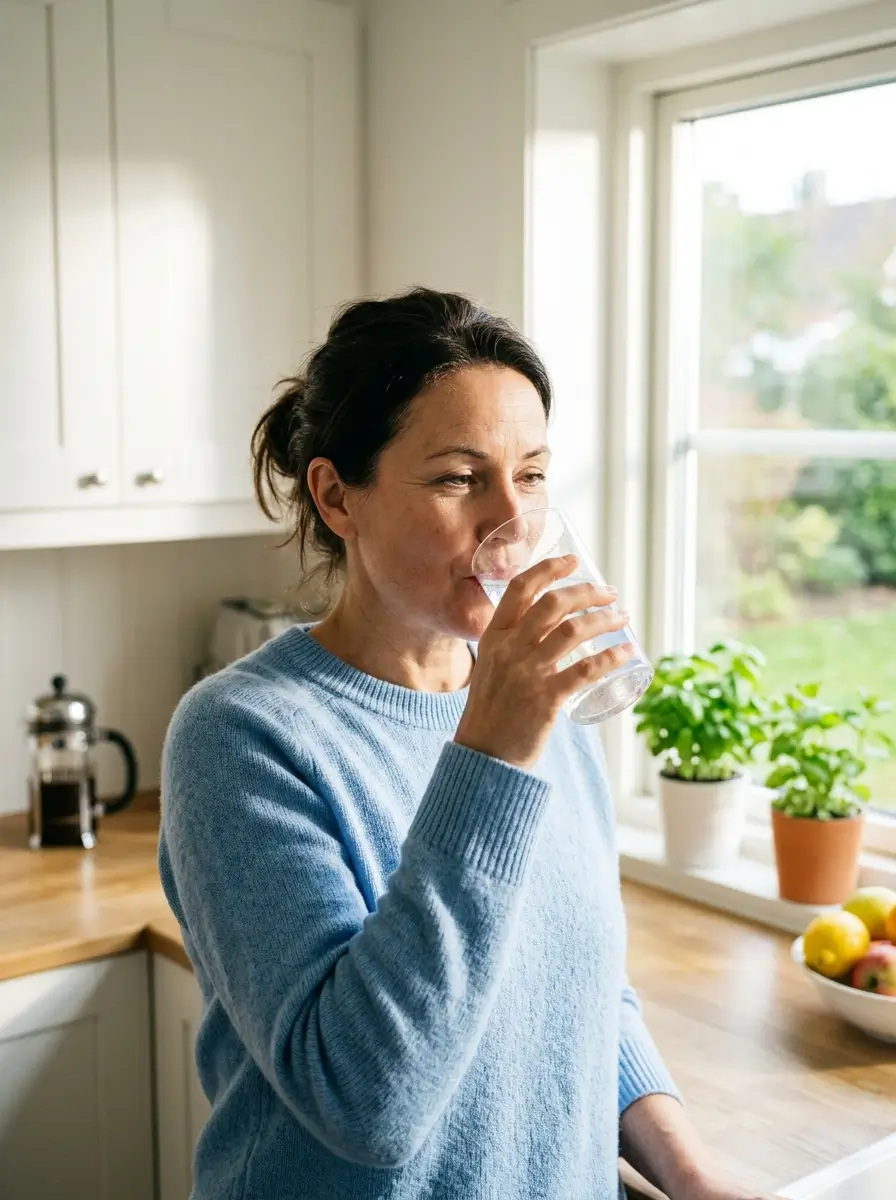 Person drinking a glass of water to support hydration and oral wellness