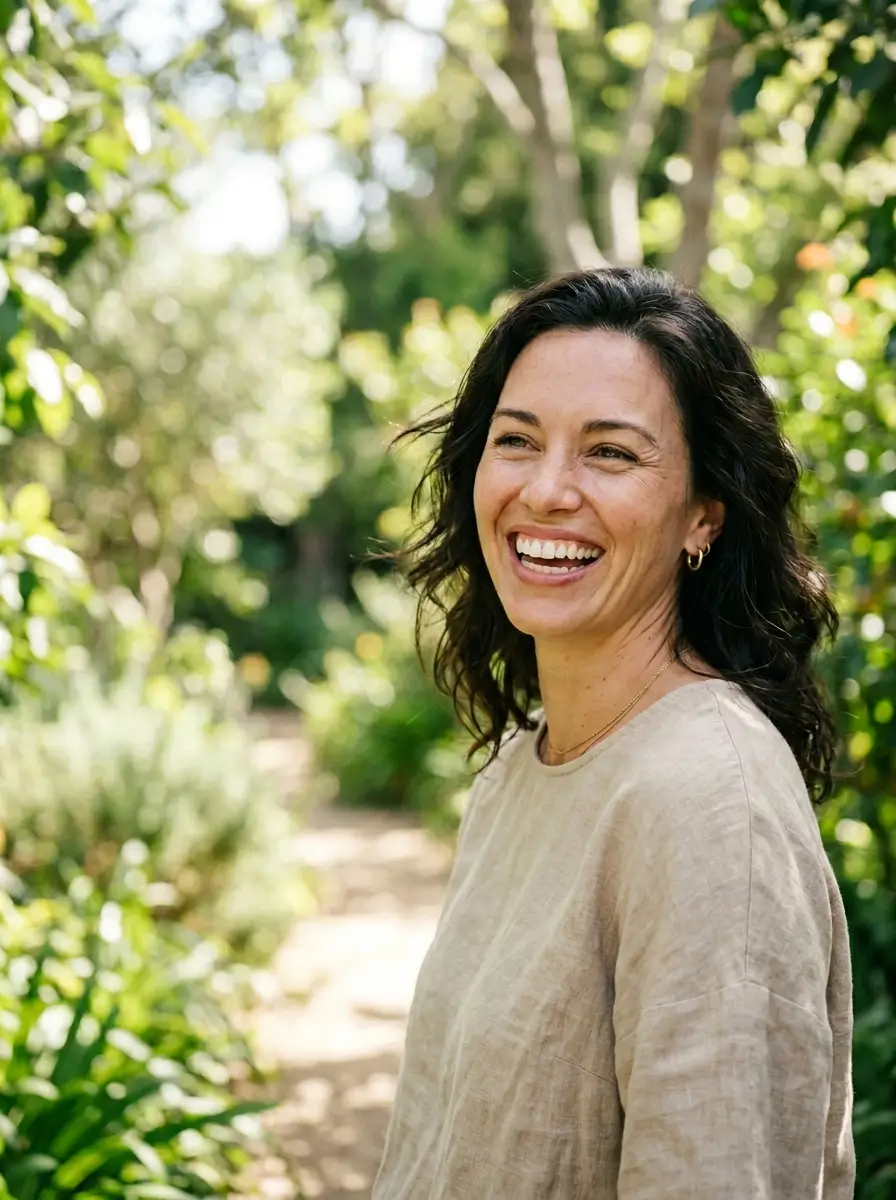 Adult with healthy-looking naturally white teeth and comfortable gums smiling confidently outdoors.