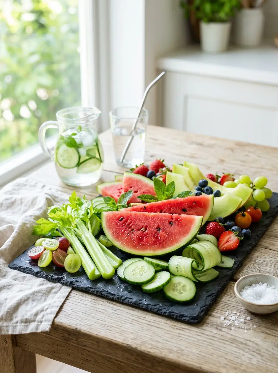 Water-rich foods that may help support hydration and overall oral wellness.