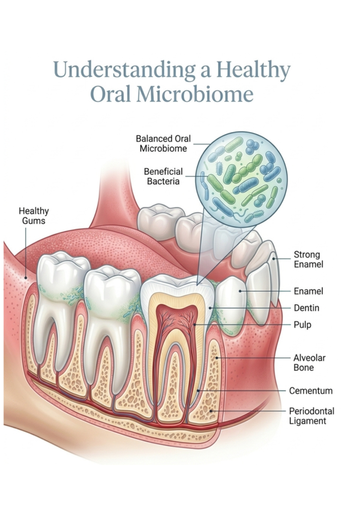 Illustration of a healthy oral microbiome showing healthy gums, strong enamel, beneficial bacteria, and balanced oral wellness.