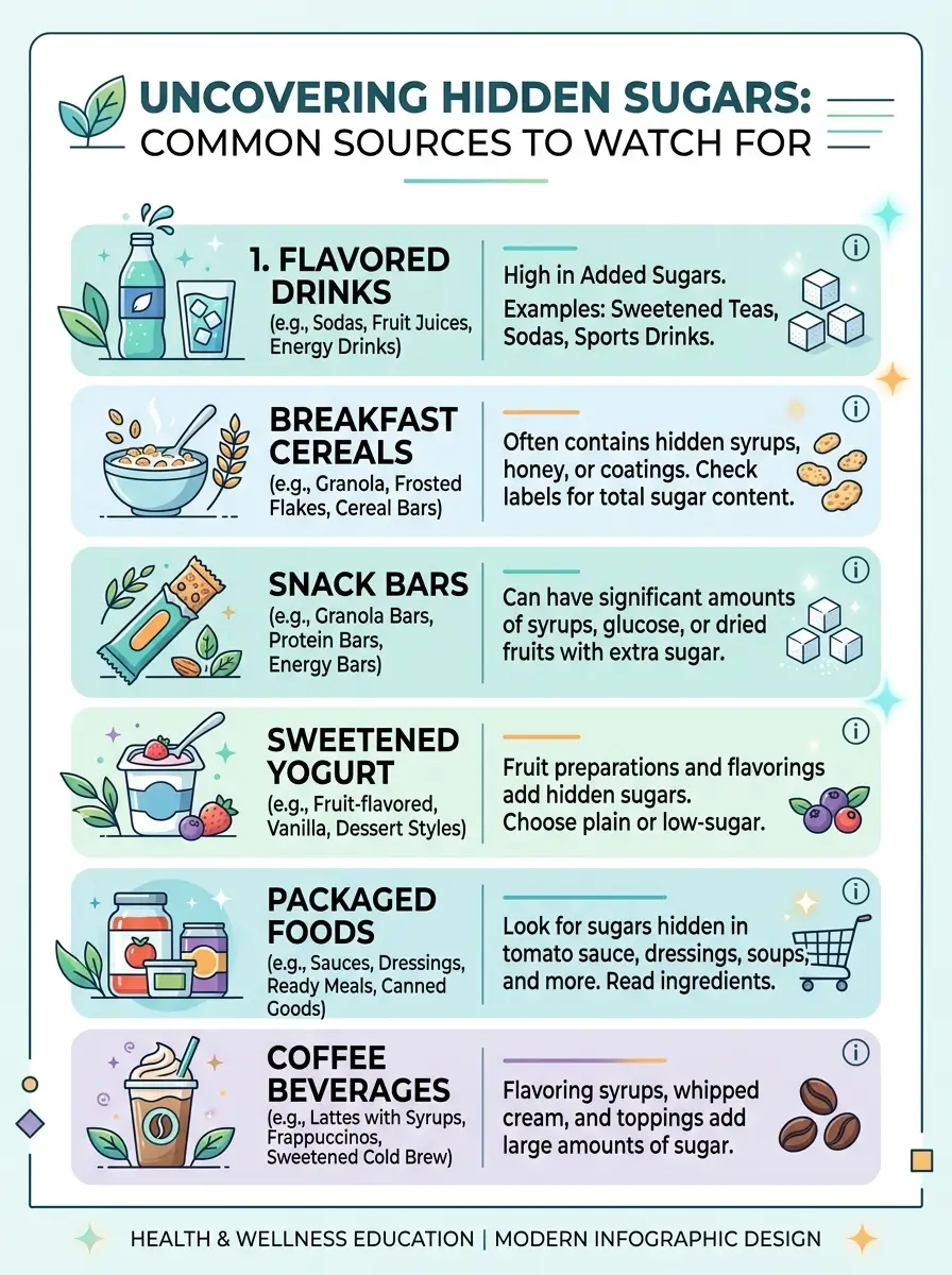 Common food and beverage sources of hidden sugar that may influence oral wellness habits.