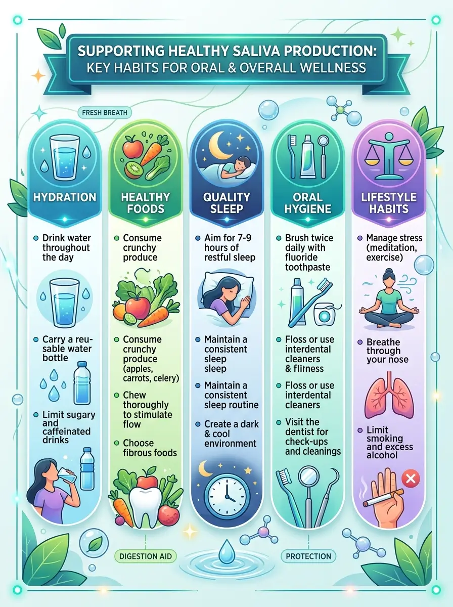Illustration showing how saliva supports the oral microbiome and oral wellness.