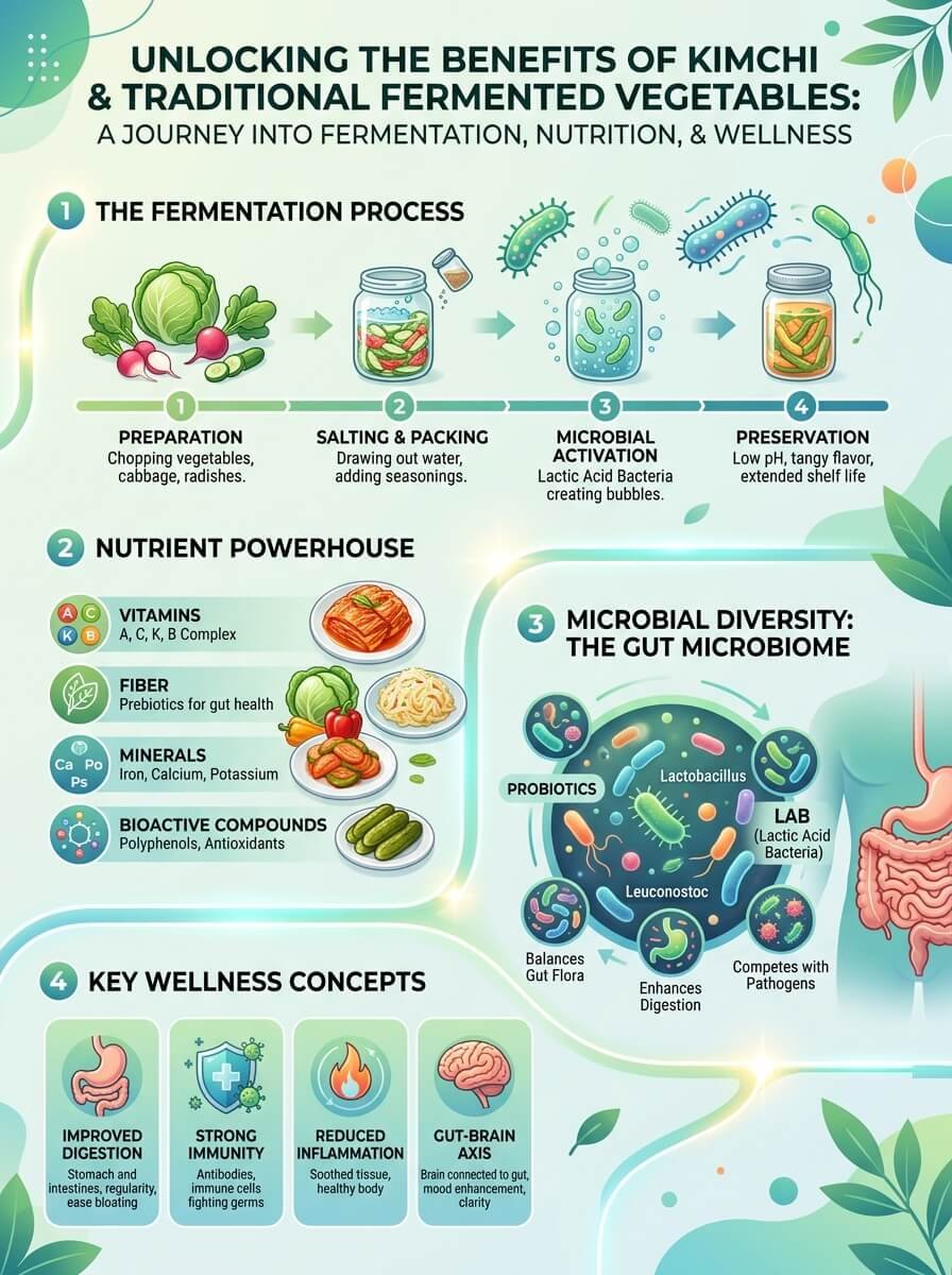 Kimchi and fermented vegetables commonly discussed in probiotic food and wellness conversations.