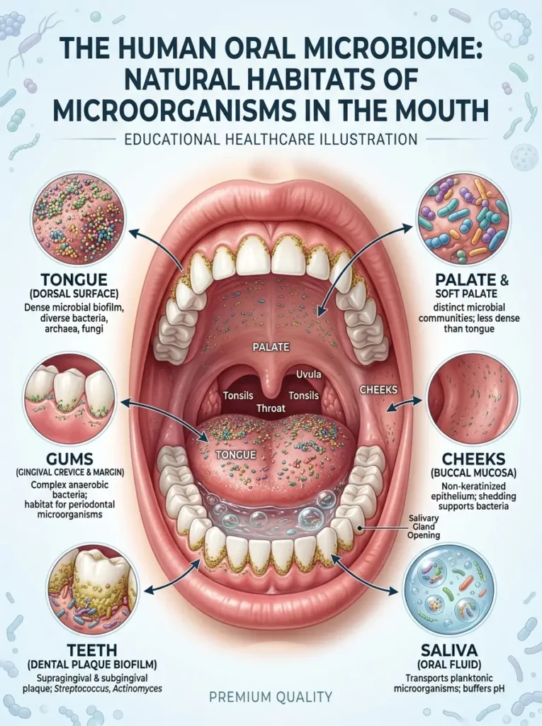 Areas of the mouth where the oral microbiome naturally exists.