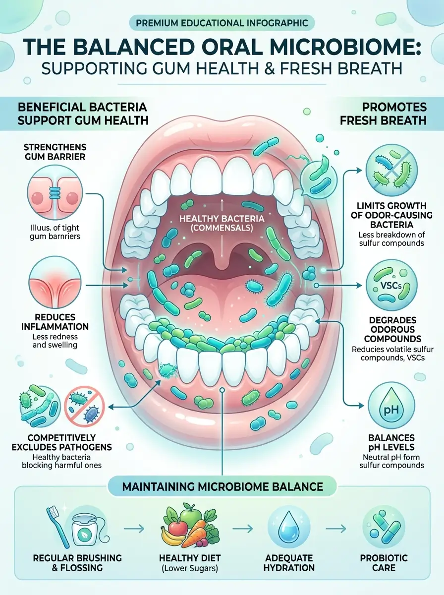 Illustration of a balanced oral microbiome supporting healthy gums and oral wellness.