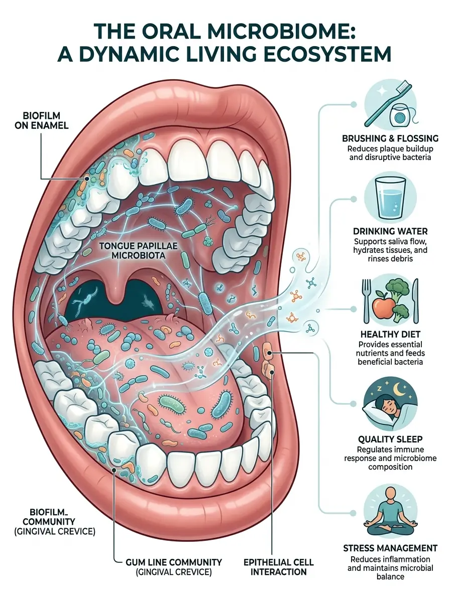 Scientific illustration showing how the oral microbiome functions as a balanced ecosystem inside a healthy mouth