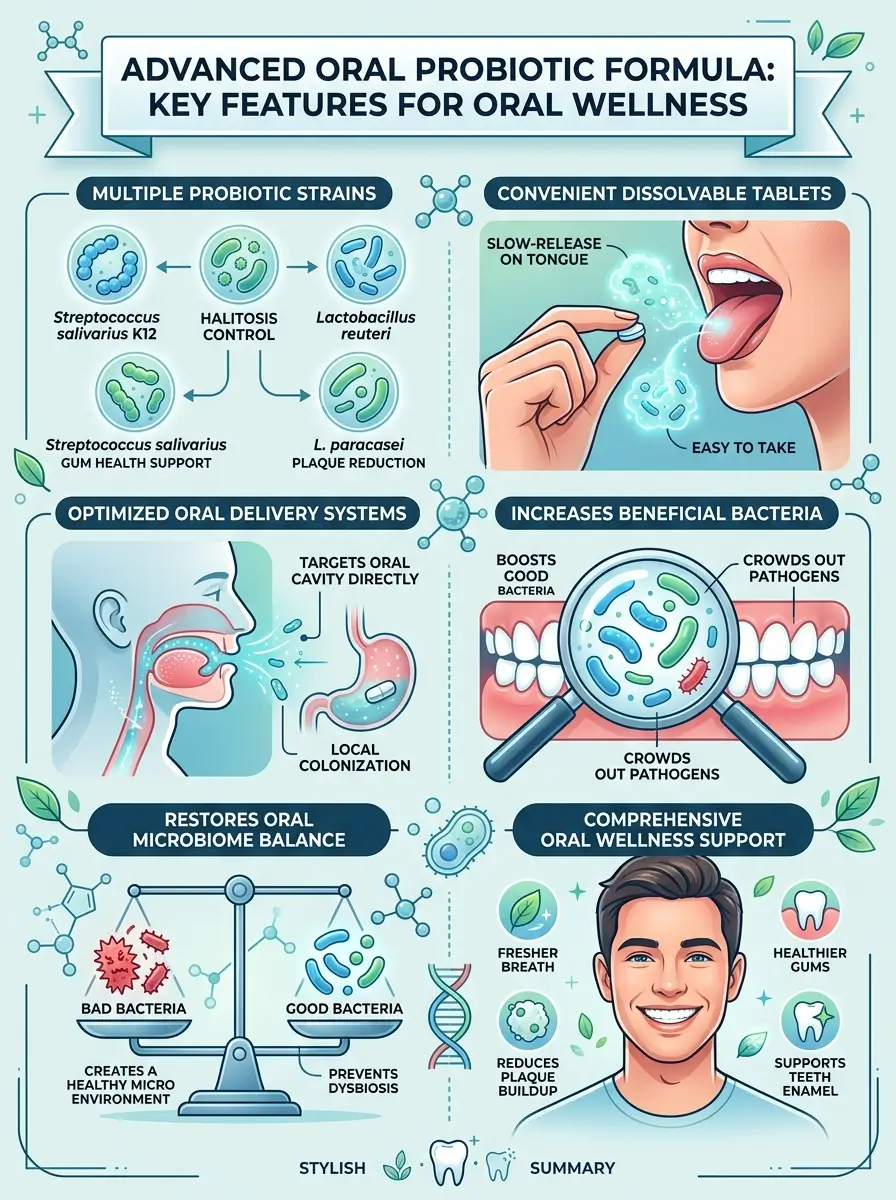 Advanced oral probiotic formula features including multiple strains and dissolvable oral delivery systems.