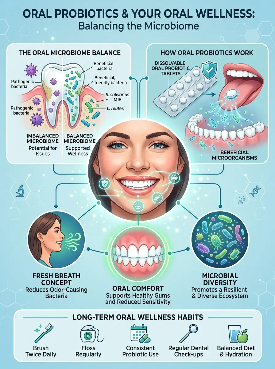 Illustration of oral probiotics, balanced oral bacteria, fresh breath, and oral wellness support within the oral microbiome.