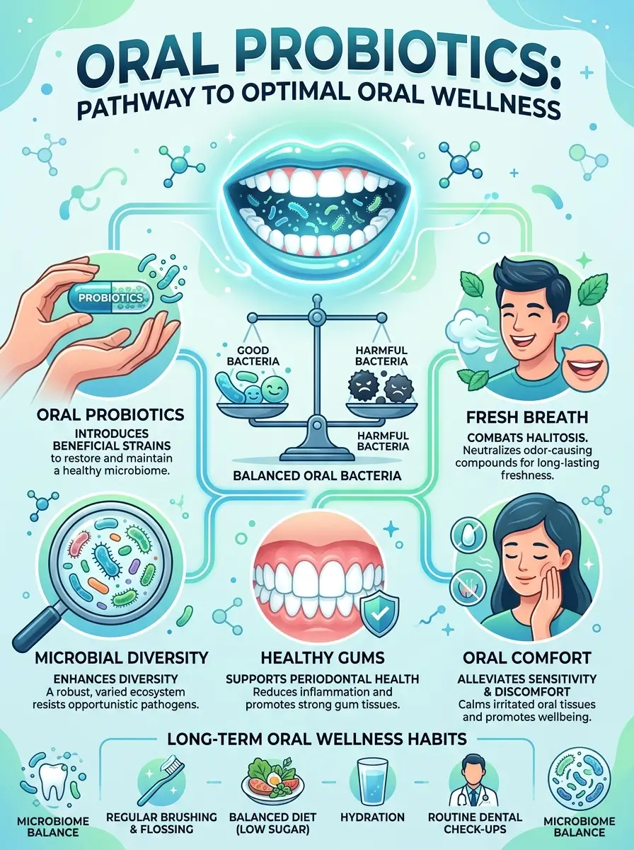 Oral probiotics and their relationship with oral wellness, microbial diversity, and oral microbiome balance.