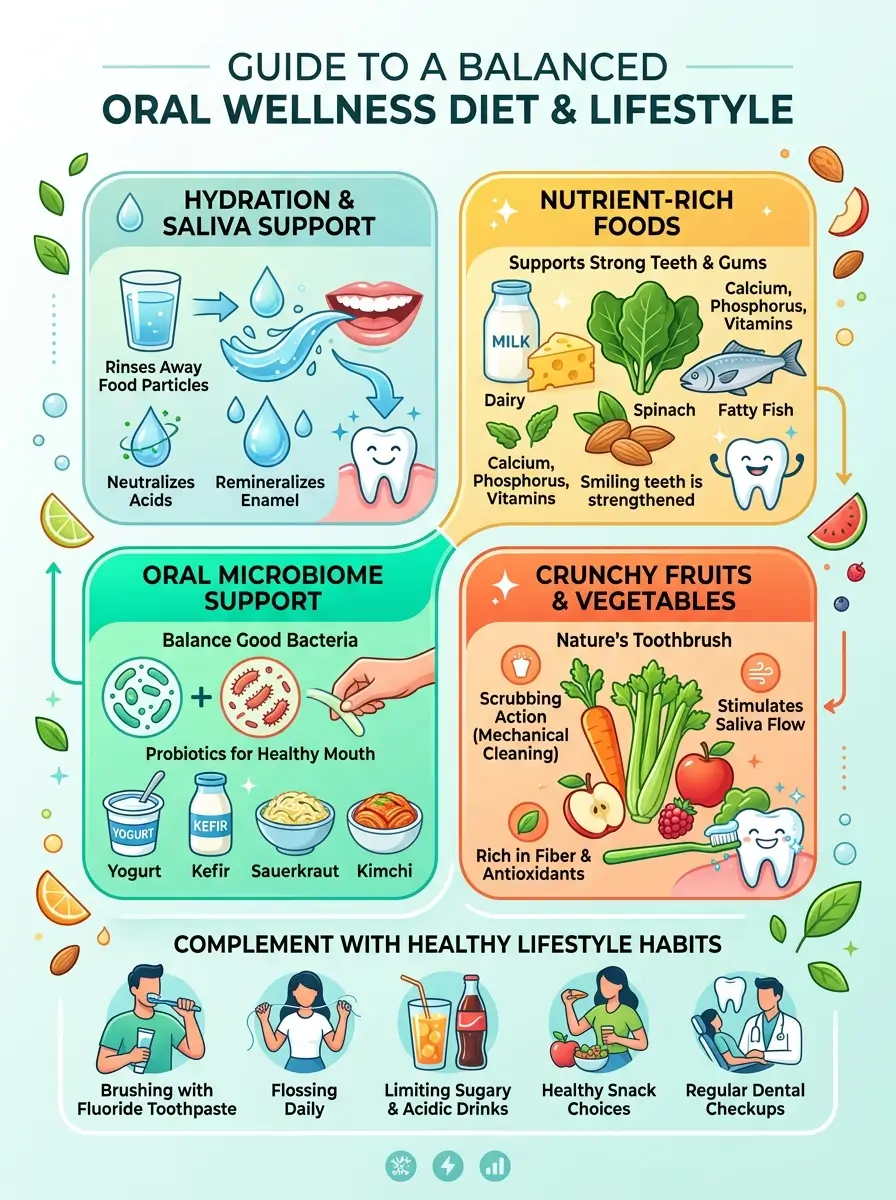 Balanced nutrition habits that may support oral wellness and a healthy oral microbiome.