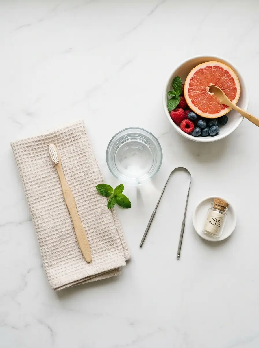 Daily oral wellness essentials including toothbrush, floss, tongue scraper, and water.