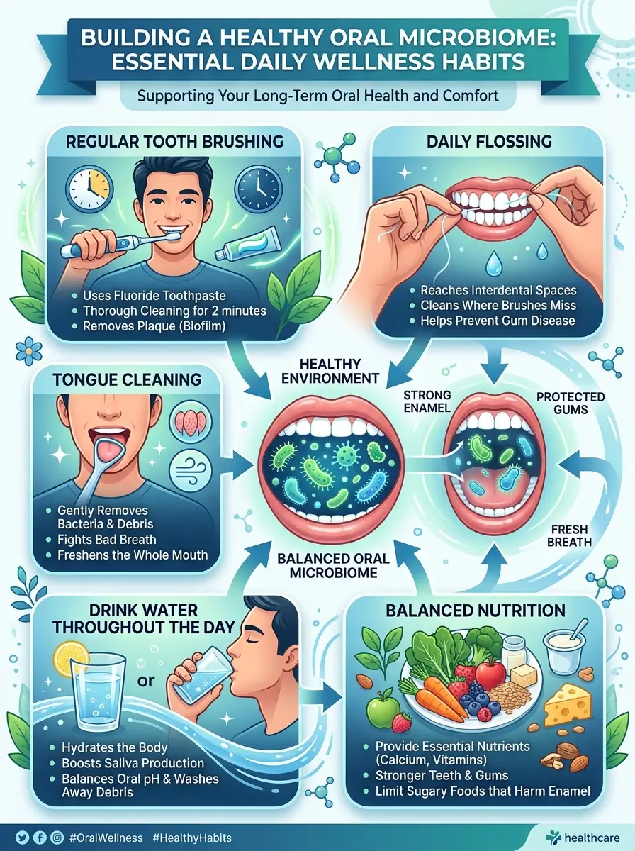 Daily oral wellness habits including brushing, flossing, tongue cleaning, hydration, and balanced nutrition.