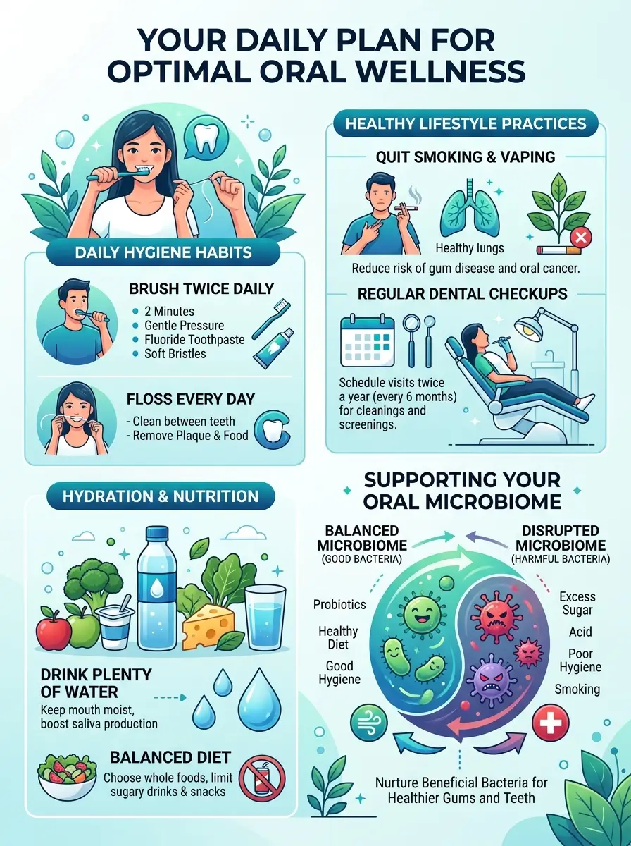Daily oral wellness habits that may support long-term oral health and microbiome balance.