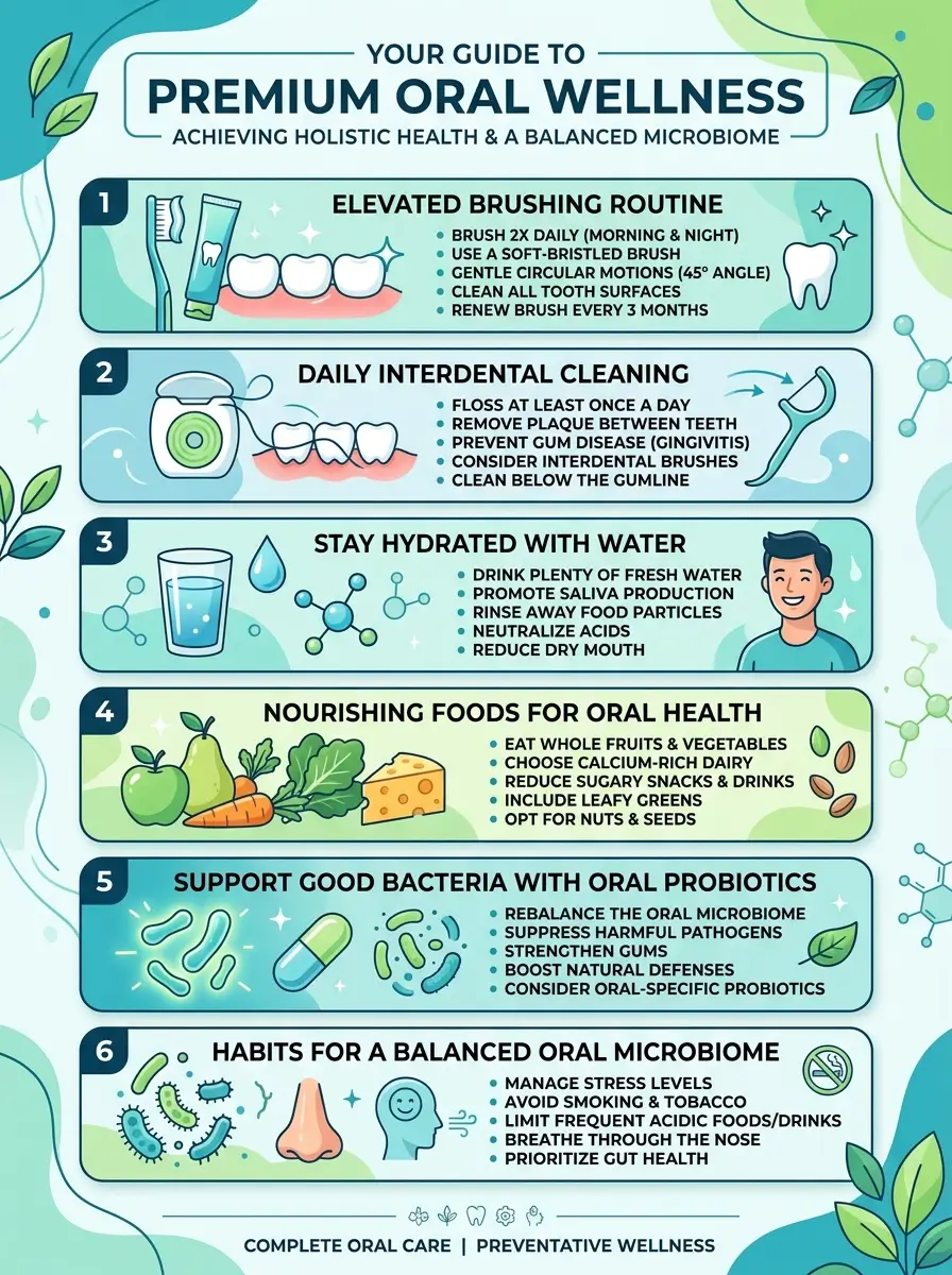 Daily habits that may help support a healthy oral microbiome.