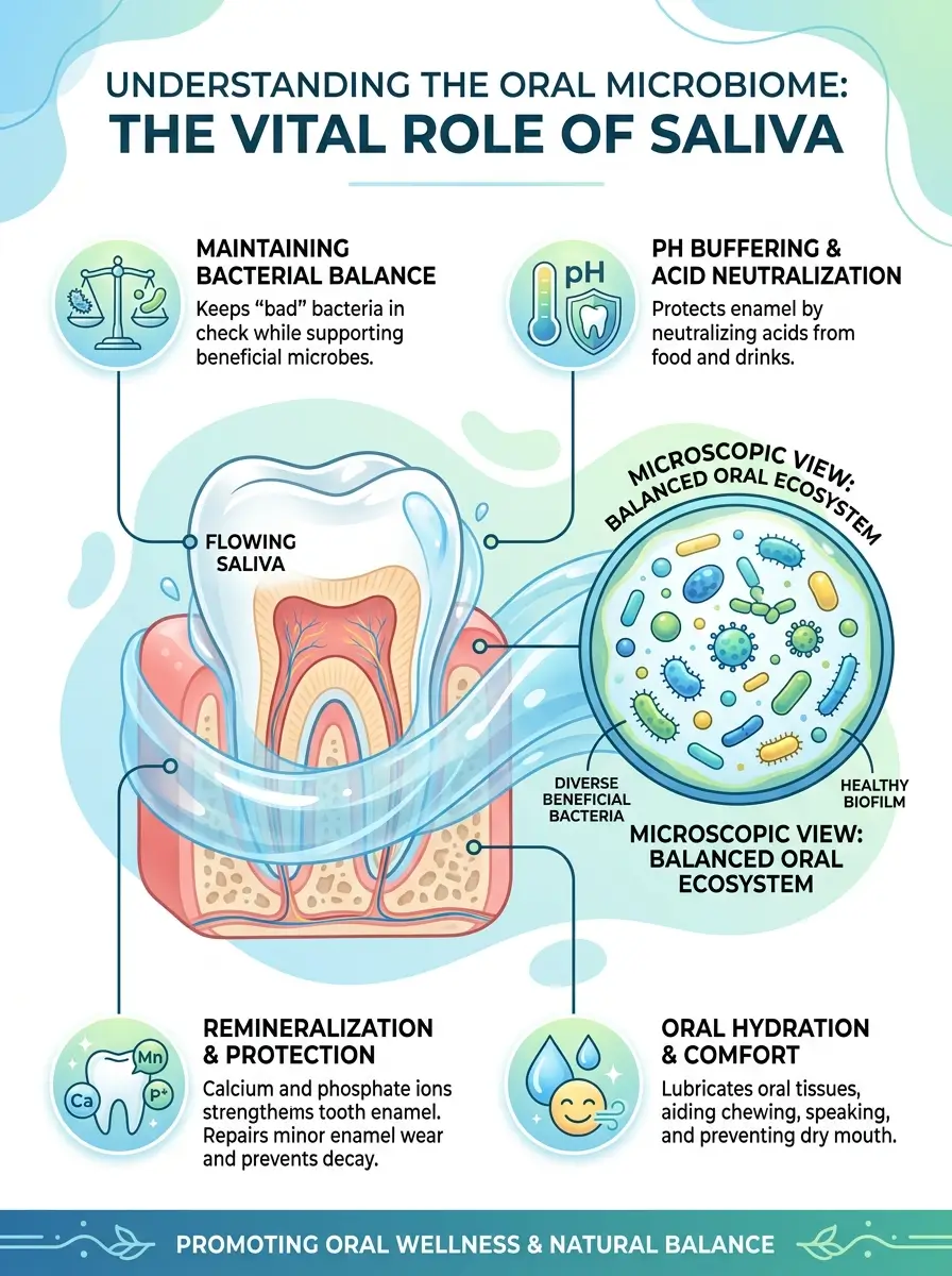 Educational illustration showing how saliva helps support a balanced oral microbiome and overall oral wellness.