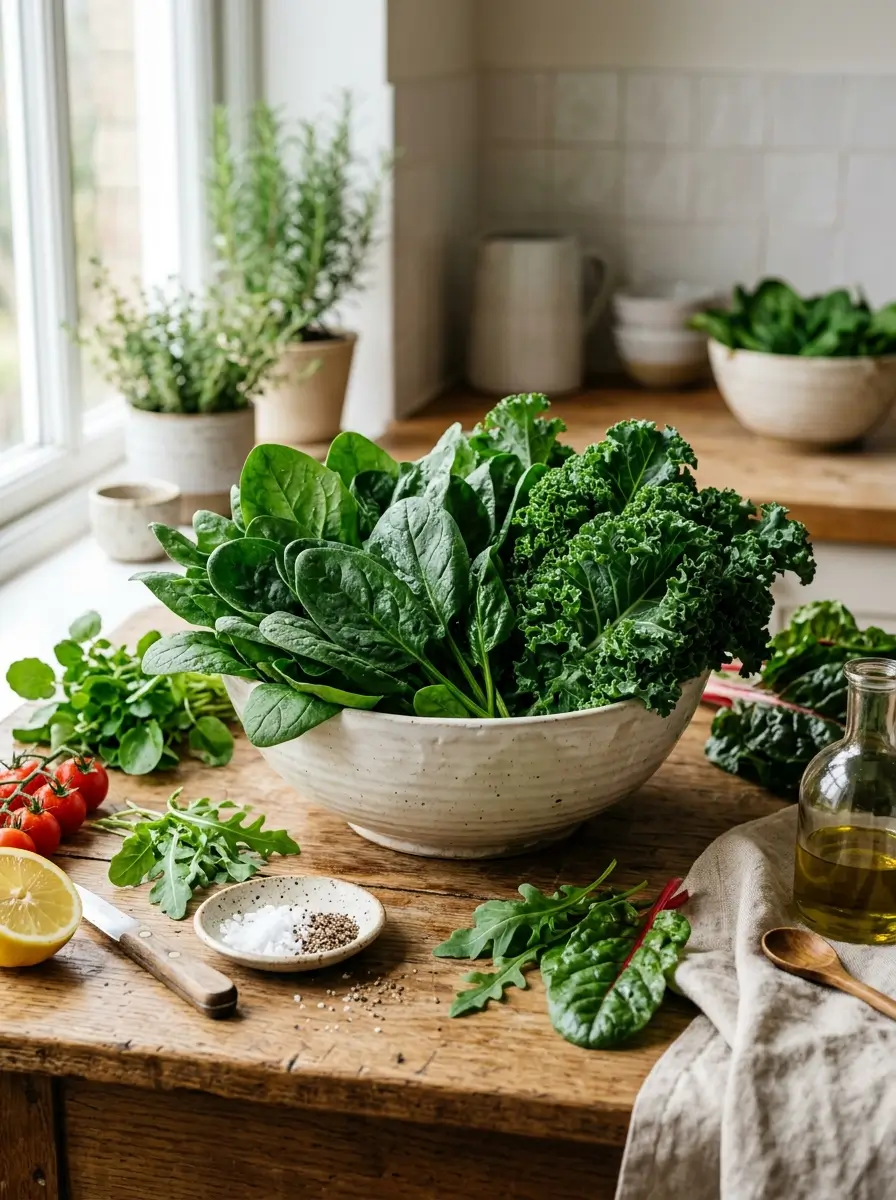 Leafy green vegetables commonly included in diets that support healthy gums and oral wellness.