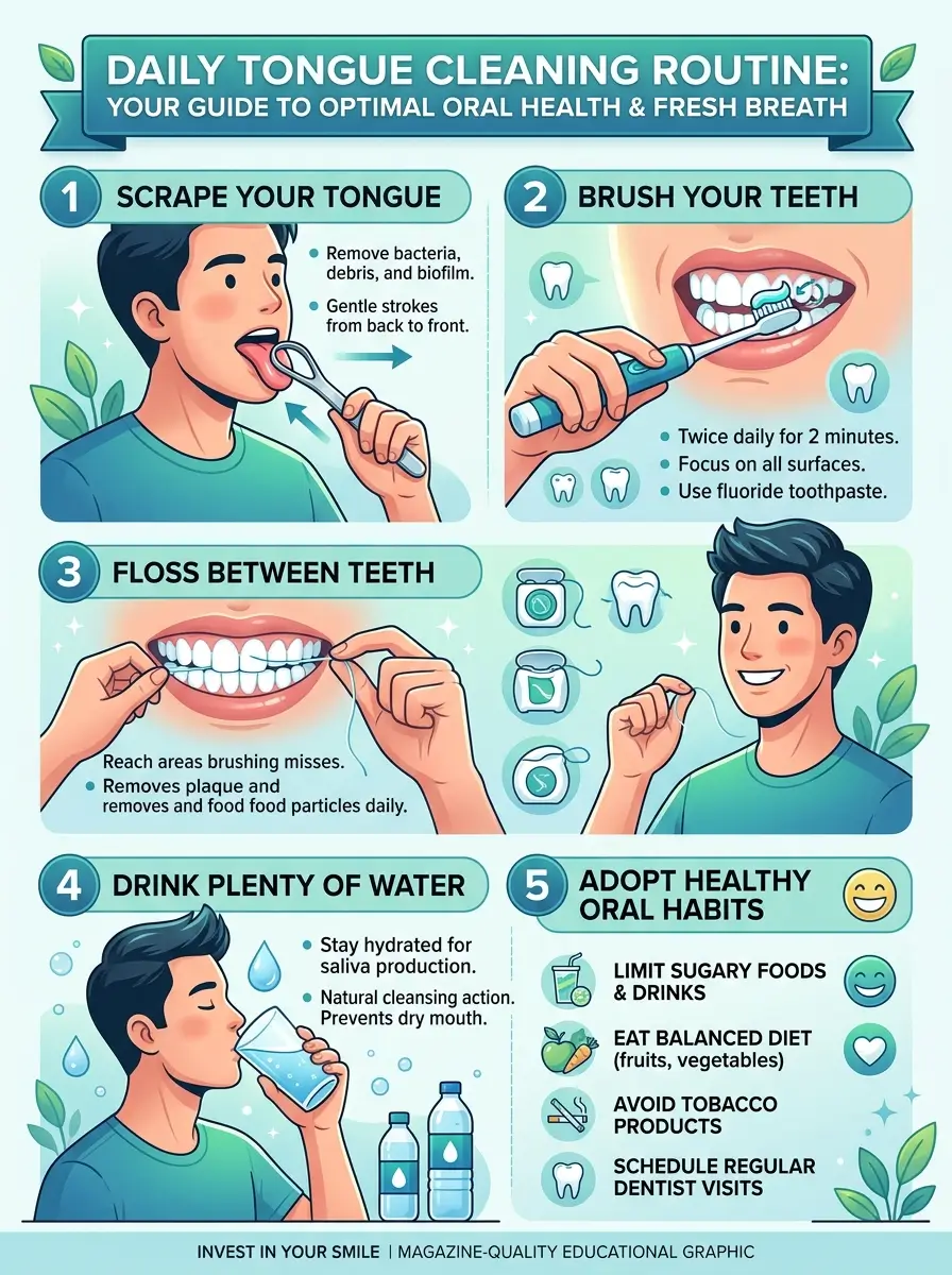 Step-by-step tongue cleaning routine as part of a complete oral wellness habit.