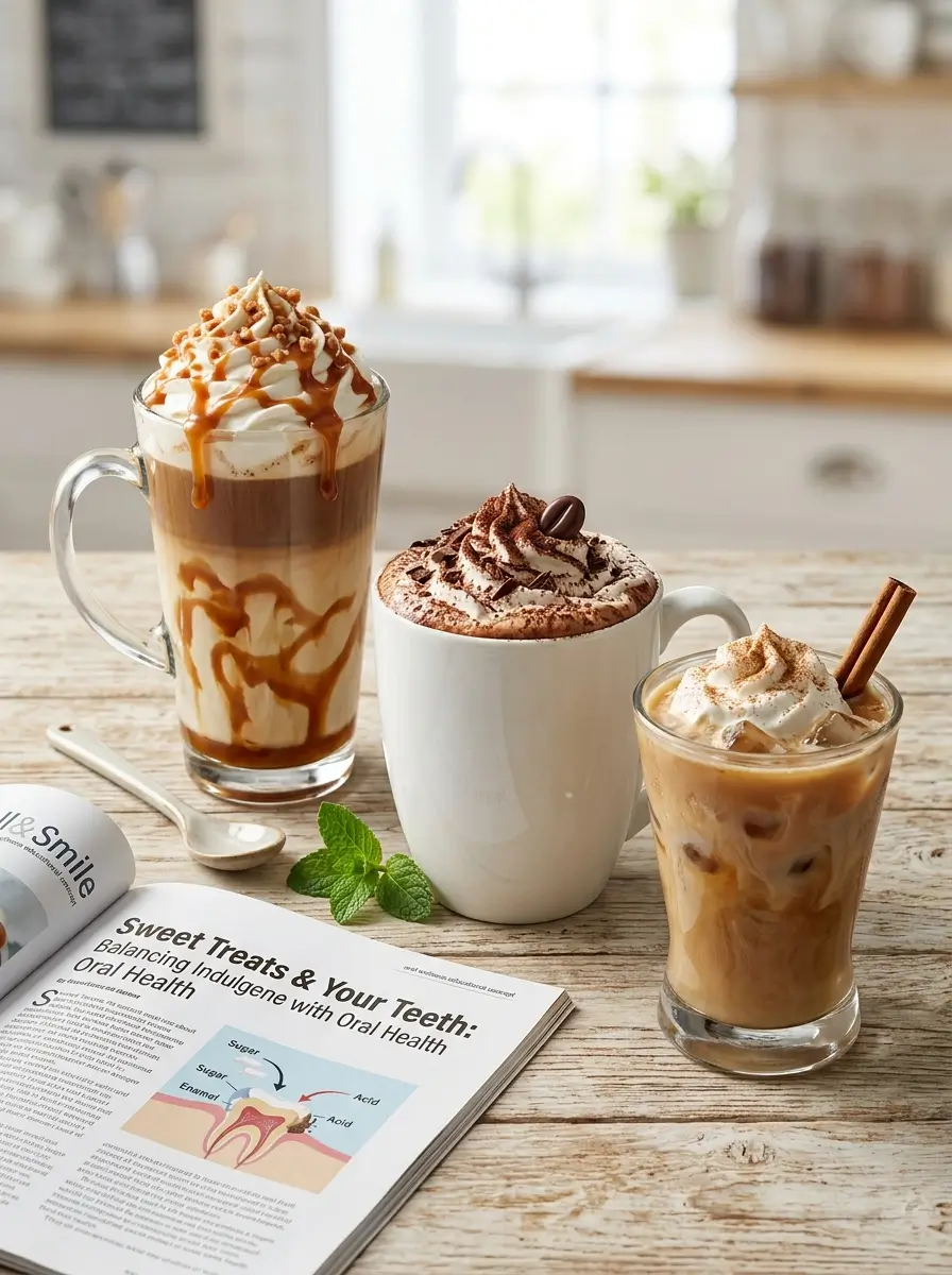 Sweetened coffee drinks often discussed in relation to dietary habits and oral wellness.