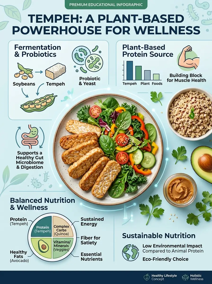 Tempeh, a fermented soybean food and plant-based protein source commonly included in probiotic and wellness-focused diets.