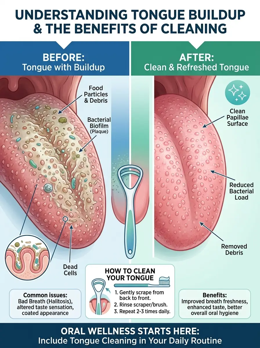 Educational illustration showing how tongue cleaning helps remove everyday oral buildup.