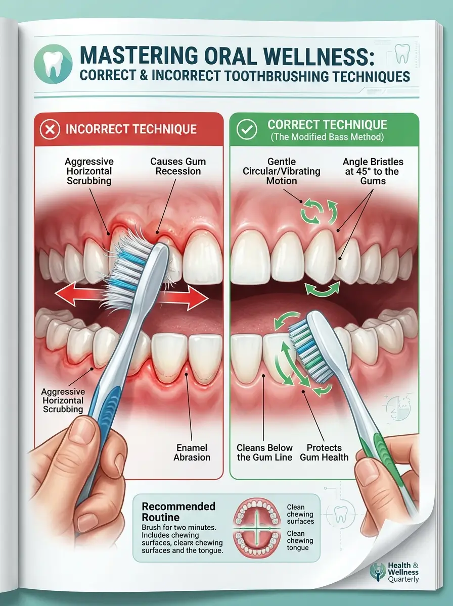 Educational illustration comparing gentle brushing and aggressive brushing techniques.