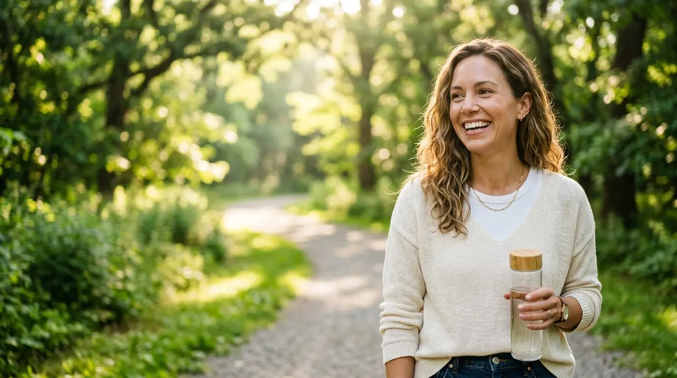 Confident adult with a healthy natural white smile enjoying fresh outdoor air, representing fresh breath, oral wellness, and healthy daily habits