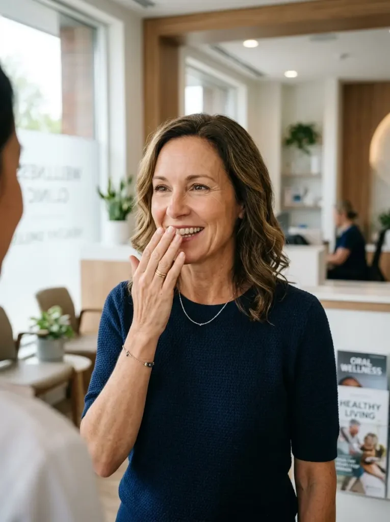 Woman concerned about persistent bad breath and oral wellness.