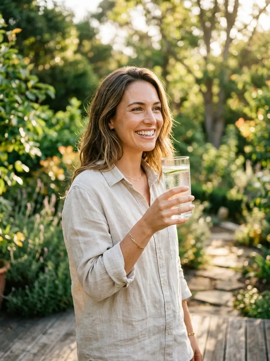 Woman staying hydrated to support oral wellness and fresh breath.