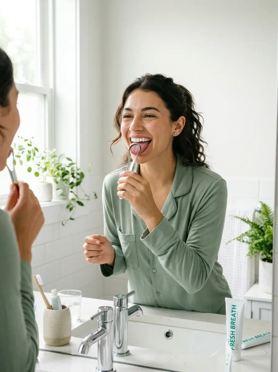 Woman practicing tongue cleaning as part of a complete oral wellness routine.