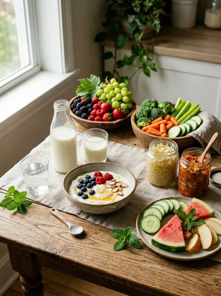 Foods commonly associated with supporting oral microbiome wellness.