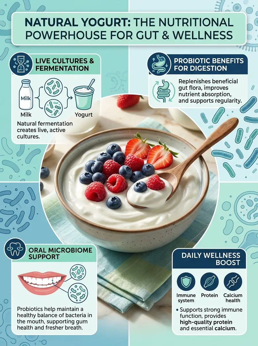 Natural yogurt with live cultures, commonly recognized as a food rich in natural probiotics.