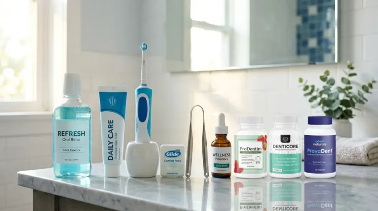 Traditional oral care products and oral probiotics displayed together as part of a complete oral wellness routine.