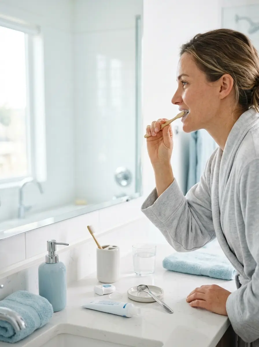 Adult brushing their teeth as part of a traditional daily oral care routine with toothbrush, floss, and tongue scraper in a bright modern bathroom.