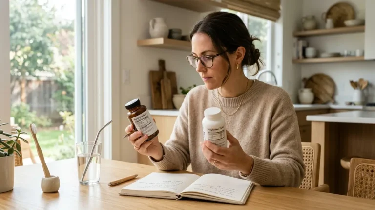 How to Choose the Best Dental Probiotic: Adult comparing two dental probiotic supplement bottles while reading ingredient labels at home.