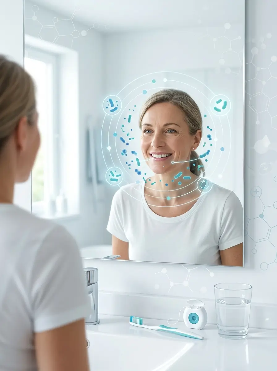Why Are Dental Probiotics Becoming More Popular?: Dental probiotics illustration showing a healthy smile, balanced oral microbiome, and daily oral hygiene habits, representing the growing interest in oral microbiome wellness.