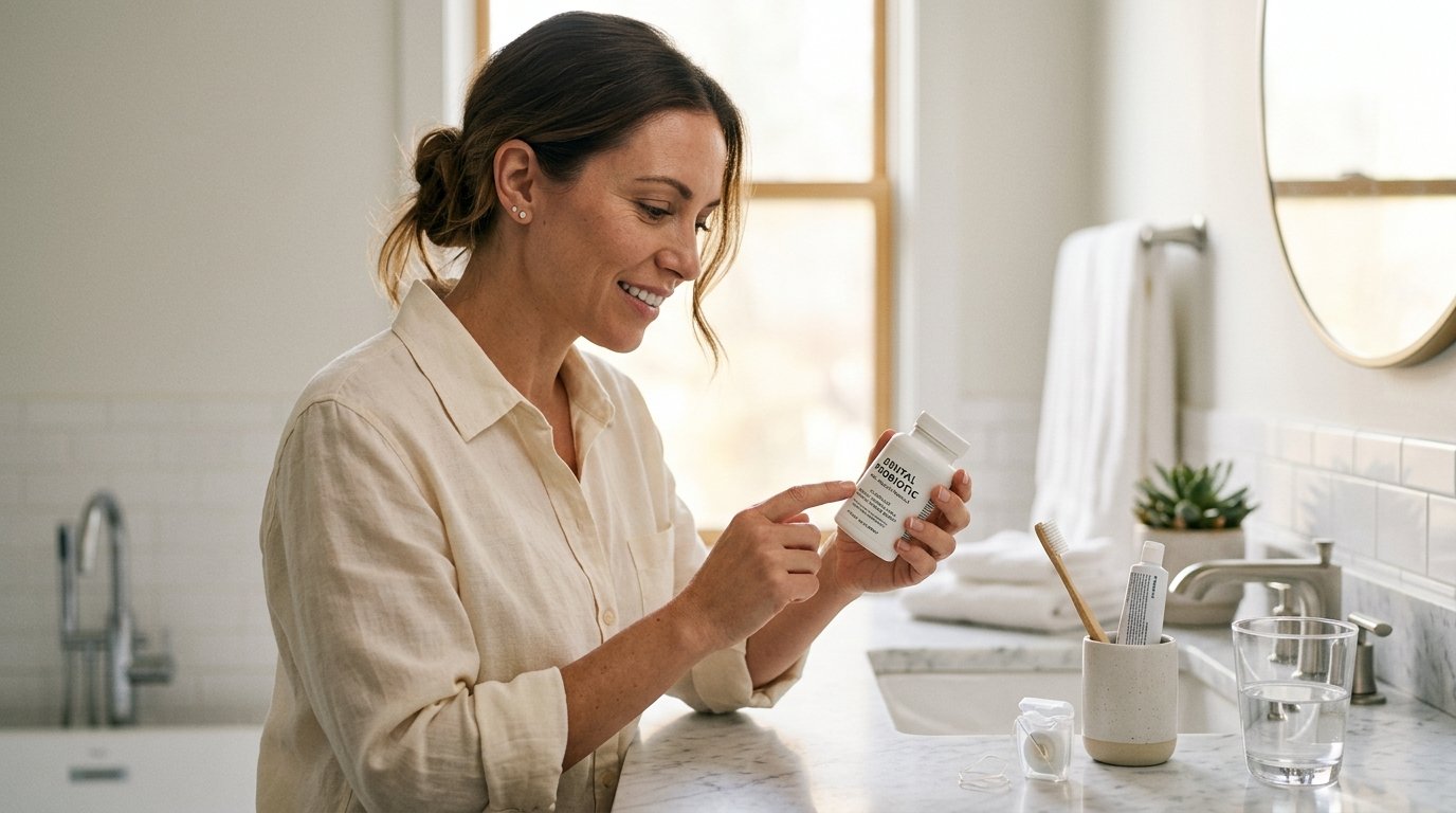 Person reviewing a dental probiotic supplement label while maintaining a healthy oral care routine.