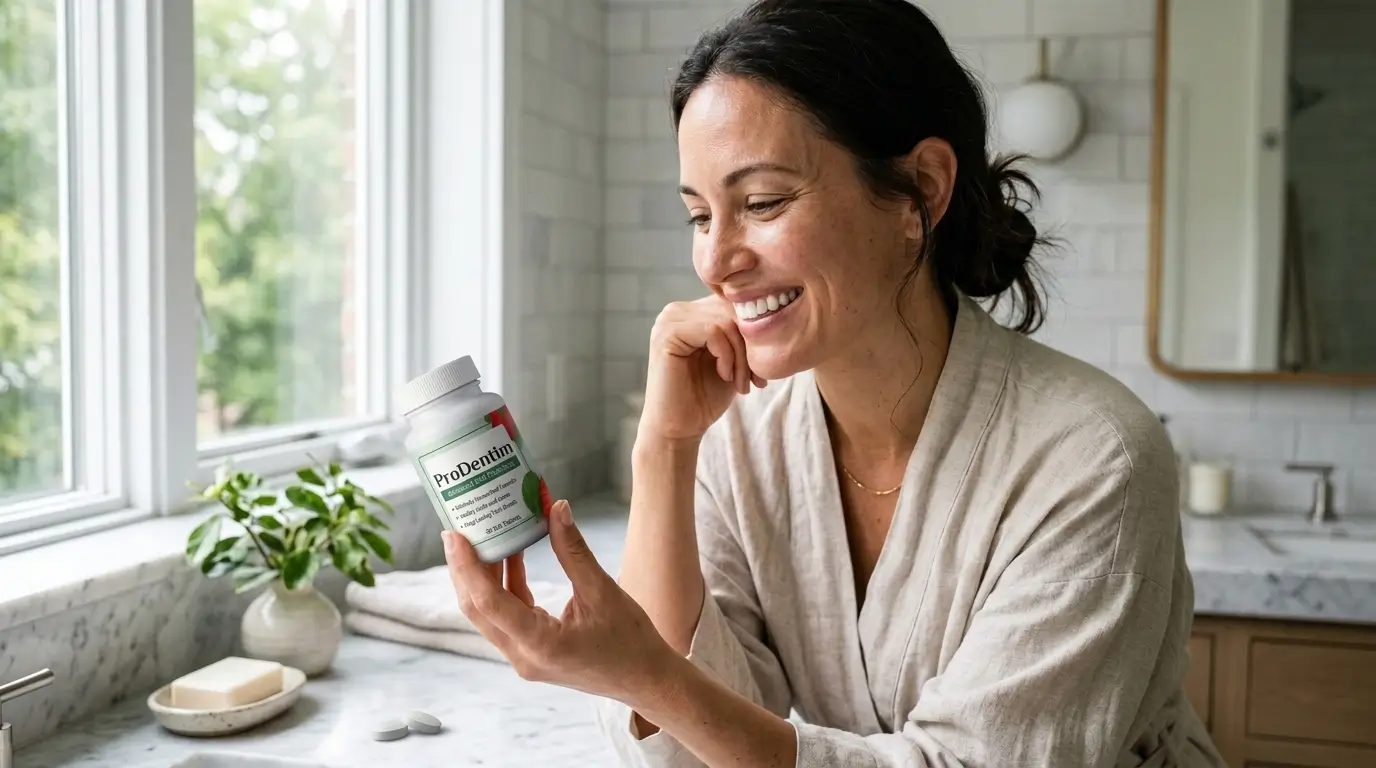 Adult smiling while comparing dental probiotics as part of a healthy oral wellness routine.