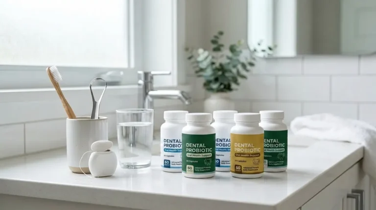 Best Dental Probiotics: Collection of popular dental probiotic supplement bottles arranged on a clean countertop beside a toothbrush and floss, representing an editorial comparison guide.