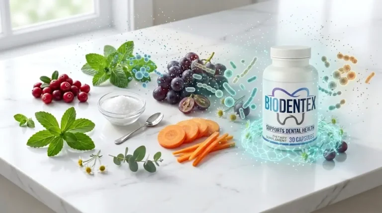 BioDentex Ingredients: Fresh natural ingredients associated with the BioDentex formula, including cranberries, peppermint, carrots, grapes, stevia, and xylitol, arranged on a clean white surface.