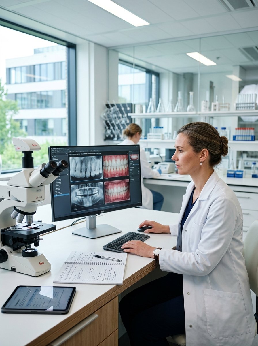 Researcher studying digital dental images in a modern laboratory to better understand the oral microbiome and oral wellness.