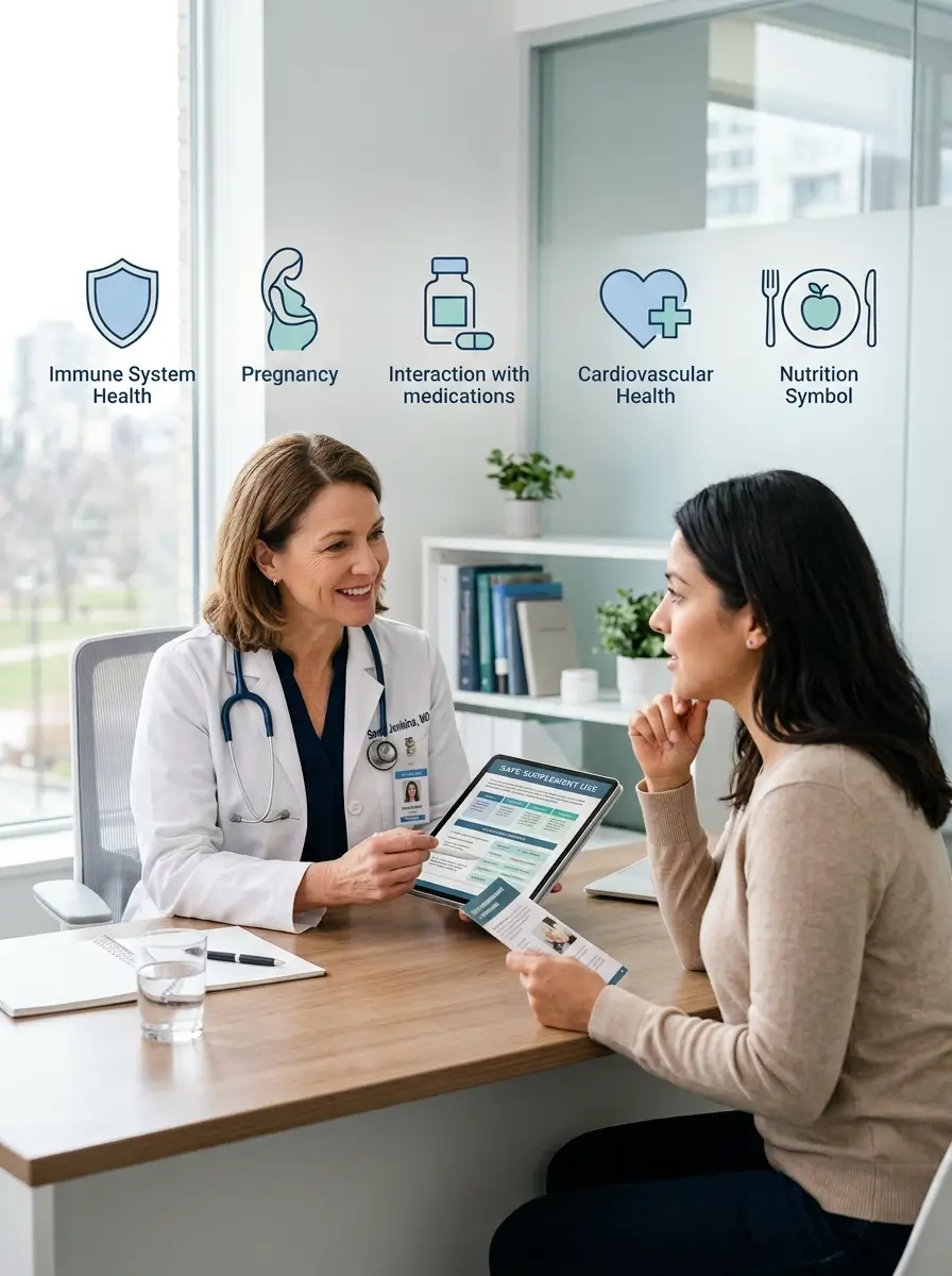 Are Dental Probiotics Safe What Current Evidence Suggests: Healthcare professional discussing dietary supplements with an adult patient, illustrating when to seek professional advice before using dental probiotics or other oral wellness supplements.