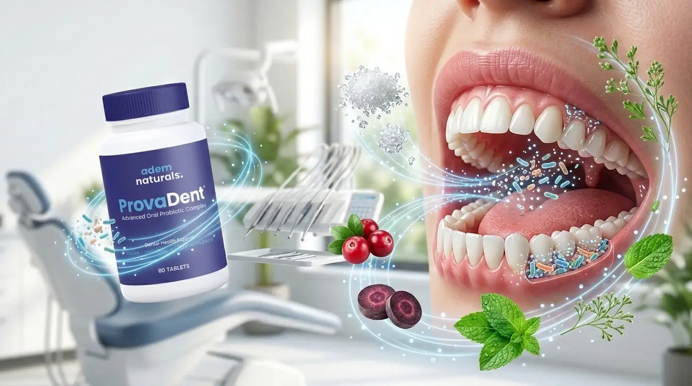 How Does ProvaDent Work - Editorial illustration showing a healthy oral microbiome surrounded by natural ingredients commonly found in the ProvaDent formula, representing how the supplement is designed to complement daily oral wellness.