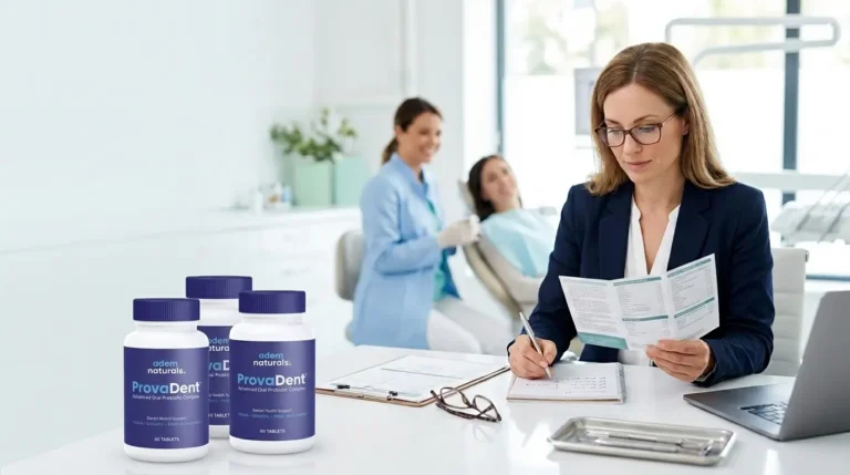 Editorial image of a person reviewing oral wellness supplement information in a modern dental clinic, representing transparency, informed decision-making, and product credibility.