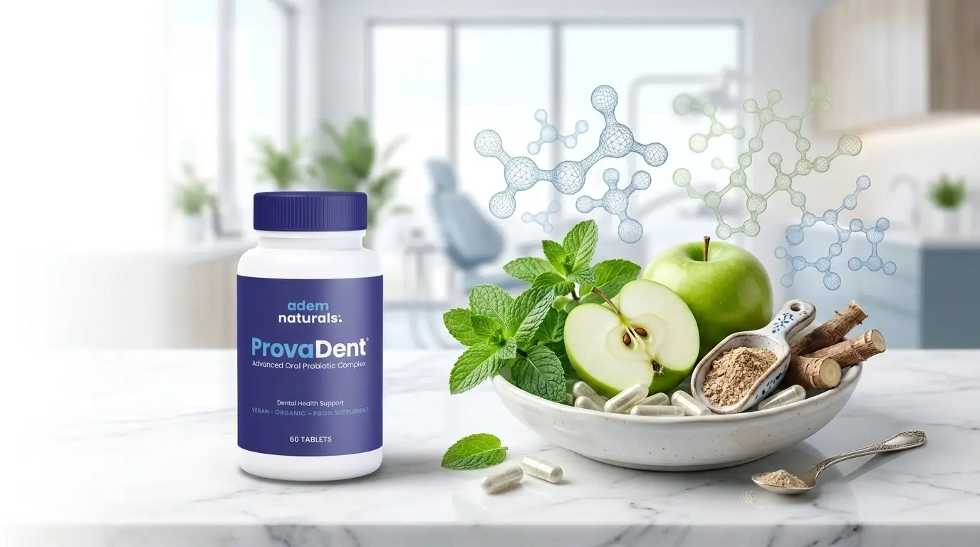 Fresh natural ingredients commonly associated with the ProvaDent formula, including probiotics, peppermint, apples, and prebiotic sources, arranged in a clean editorial wellness setting.