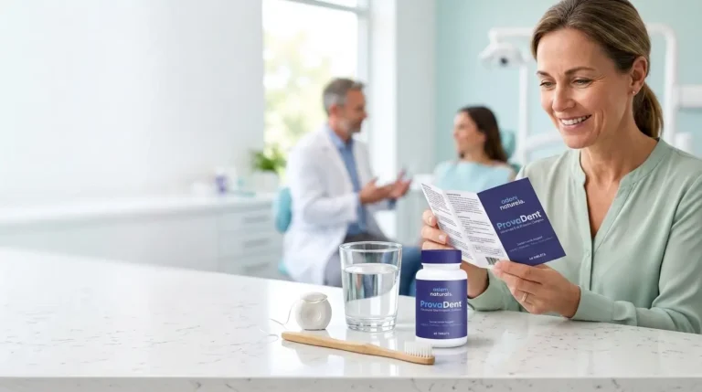 Editorial image representing ProvaDent side effects and safe supplement use, showing an adult reviewing supplement information in a modern dental clinic while maintaining healthy oral care habits.