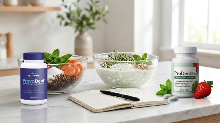 ProvaDent vs Prodentim: Editorial comparison of botanical and probiotic oral wellness approaches using natural ingredients in a clean, balanced composition.