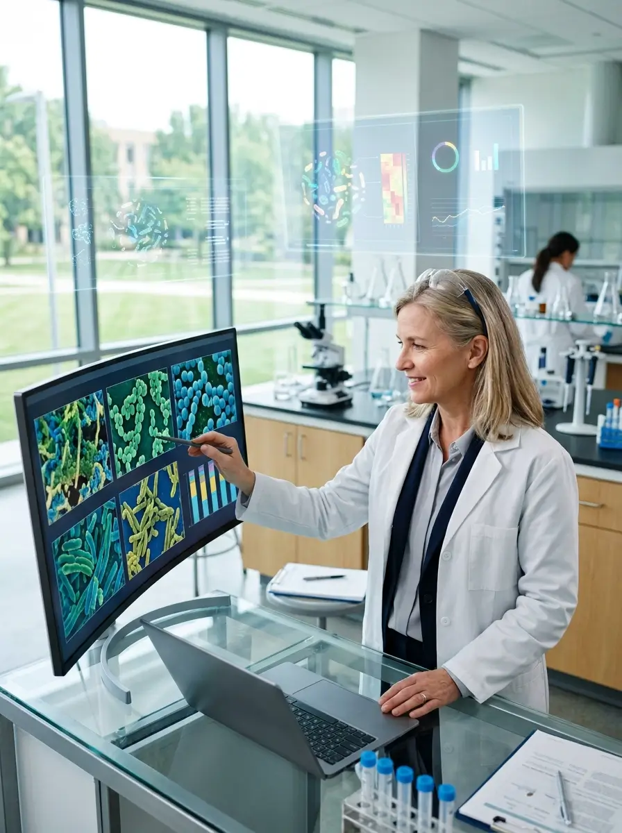 Researcher studying the oral microbiome in a modern laboratory, representing growing scientific interest in beneficial oral bacteria and preventive oral wellness.