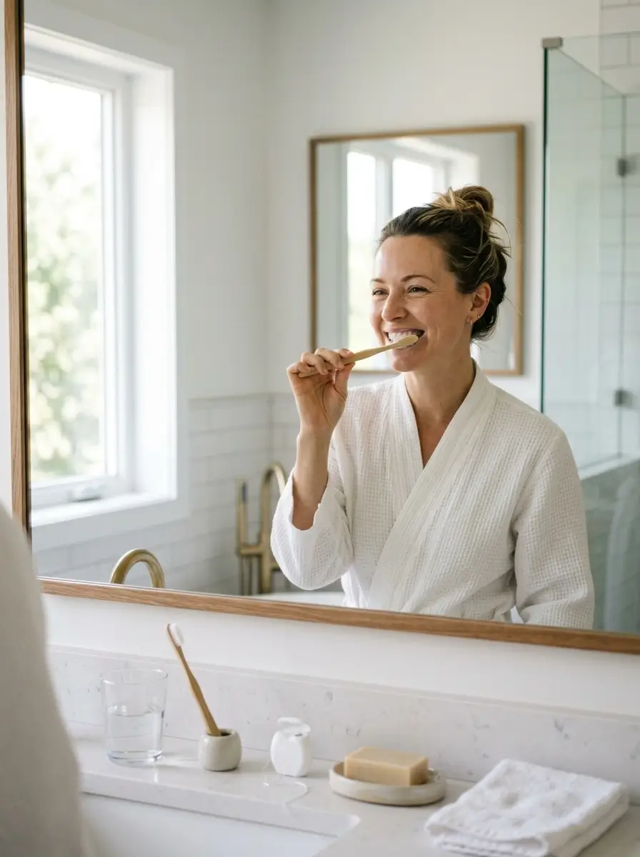 Woman following a consistent daily oral care routine in a bright bathroom, highlighting the importance of healthy habits for long-term oral wellness.
